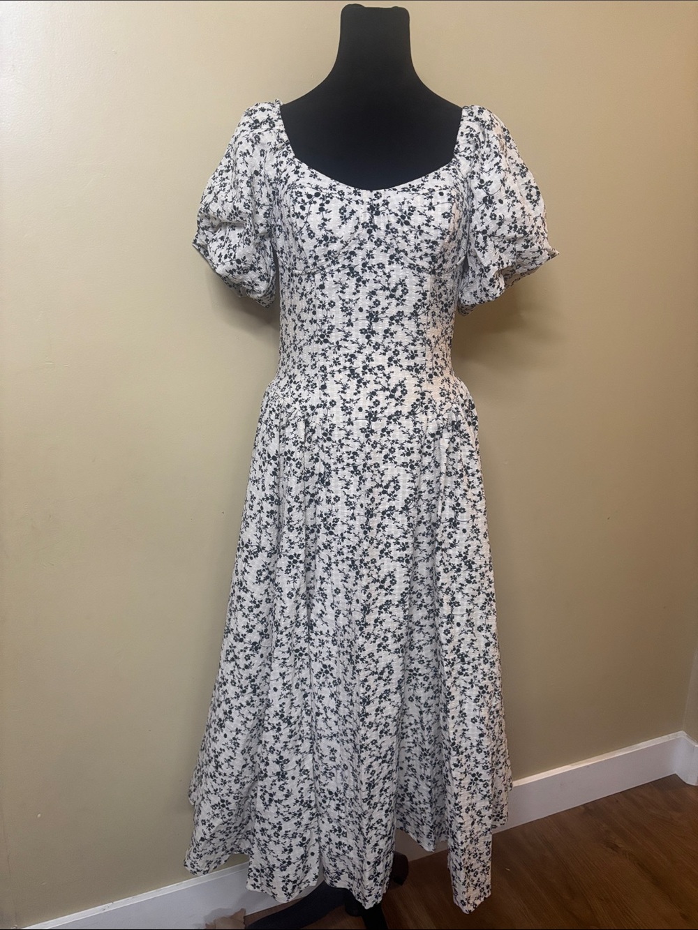 Lush cream Dress with Black Floral Print and Puff Sleeves